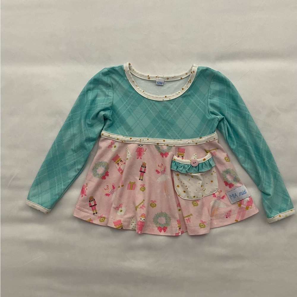 Girls Mia Miel Long Sleeve Top. NWOT Light green plaid bodice with holiday print